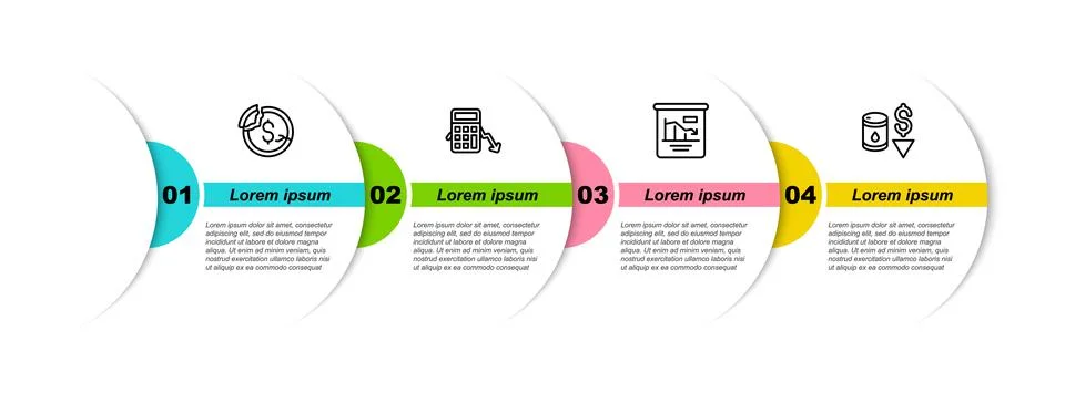 Set line Dollar rate decrease, Calculation of expenses, Pie chart infographic Stock Illustration