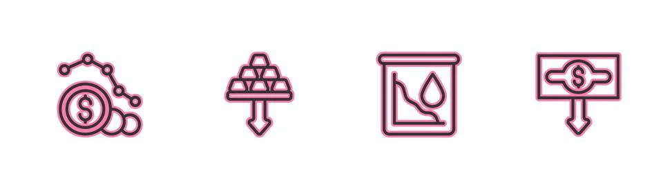 Set line Dollar rate decrease, Drop in crude oil price, Gold bars and icon Stock Illustration