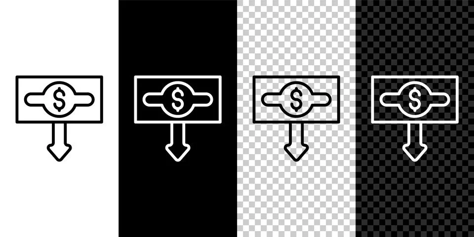 Set line Dollar rate decrease icon isolated on black and white, transparent Illustrazione stock