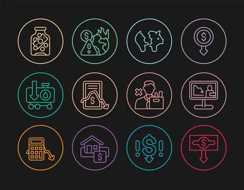 Set line Dollar rate decrease, Global economic crisis news, Broken piggy bank Stock Illustration