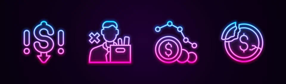 Set line Dollar rate decrease, Employee dismissal, and . Glowing neon icon Illustrazione stock