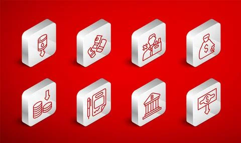 Set line Dollar rate decrease, Credit card, Employee dismissal, Money bag, Bank Stock Illustration