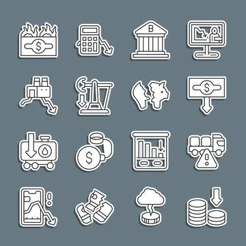 Set line Dollar rate decrease, Stop delivery cargo truck, Bank building, Drop 库存插图