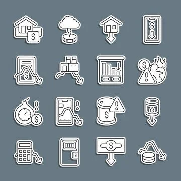 Set line Dollar rate decrease, Global economic crisis, Falling property prices Stock Illustration