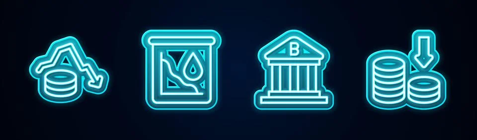 Set line Dollar rate decrease, Drop in crude oil price, Bank building and Stock Illustration