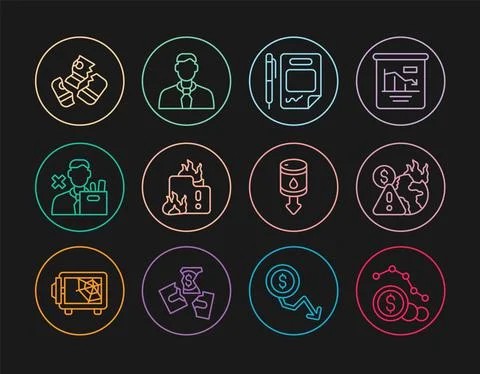 Set line Dollar rate decrease, Global economic crisis, Contract money and pen Stock Illustration