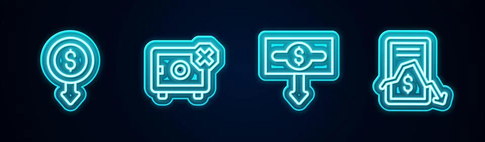 Set line Dollar rate decrease, Safe, and Mobile stock trading. Glowing neon icon Illustrazione stock