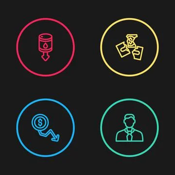 Set line Dollar rate decrease, Worker, Tearing money banknote and Drop crude oil Stock Illustration