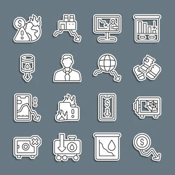 Set line Dollar rate decrease, Safe, Credit card, Global economic crisis news 库存插图