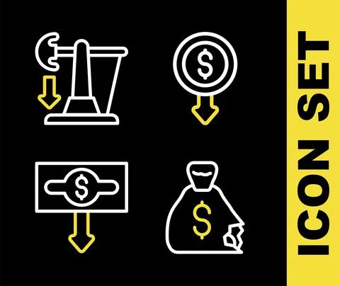 Set line Dollar rate decrease, Money bag, and Drop in crude oil price icon Stock Illustration