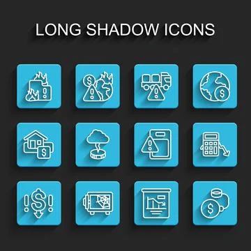 Set line Dollar rate decrease, Safe, Fire in burning house, Pie chart Stock Illustration