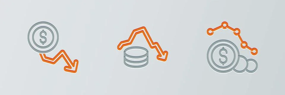 Set line Dollar rate decrease, and icon. Vector Stockillustratie