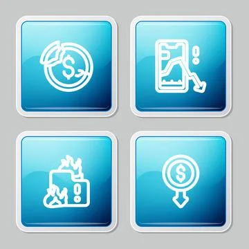 Set line Dollar rate decrease, Mobile stock trading, Fire burning house and icon Stock Illustration