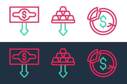 Set line Dollar rate decrease, and Gold bars icon. Vector Stockillustratie
