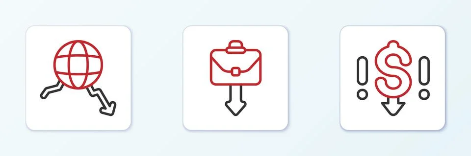 Set line Dollar rate decrease, Global economic crisis and Briefcase icon. Vector Stock Illustration