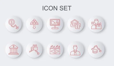 Set line Dollar rate decrease, Bank building, Global economic crisis news Stock Illustration