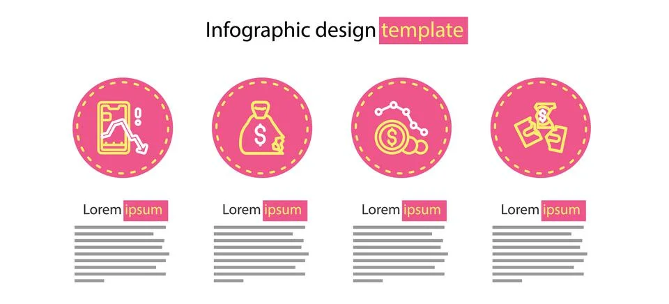 Set line Dollar rate decrease, Tearing money banknote, Money bag and Mobile Illustrazione stock