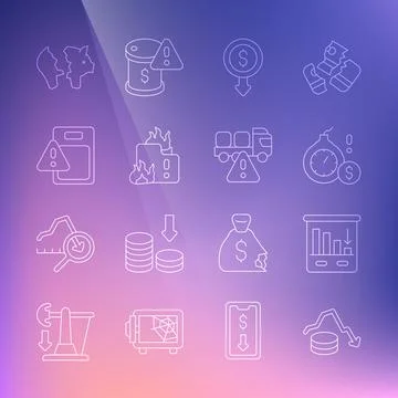 Set line Dollar rate decrease, Pie chart infographic, Money bomb dollar crisis Stock Illustration