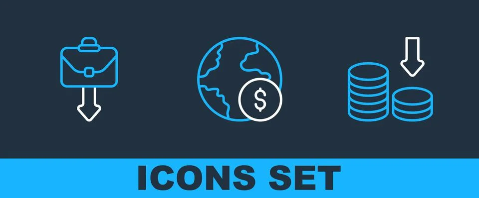 Set line Dollar rate decrease, Briefcase and Global economic crisis icon. Vector Stock Illustration