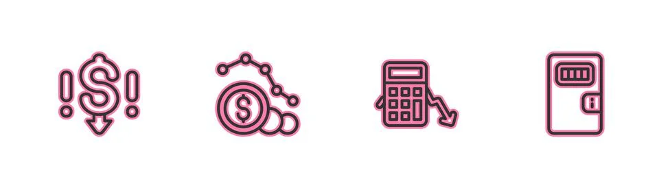Set line Dollar rate decrease, Calculation of expenses, and Prison cell door Illustrazione stock