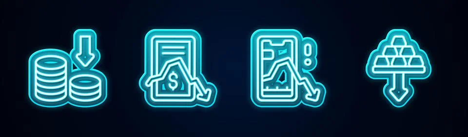 Set line Dollar rate decrease, Mobile stock trading, and Gold bars. Glowing neon Stockillustratie