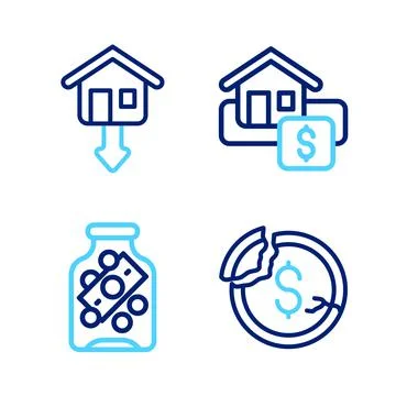 Set line Dollar rate decrease, Glass money jar with coin, Hanging sign Sale a Stock Illustration