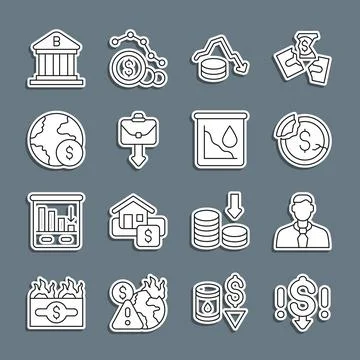 Set line Dollar rate decrease, Worker, Briefcase, Global economic crisis, Ban 库存插图