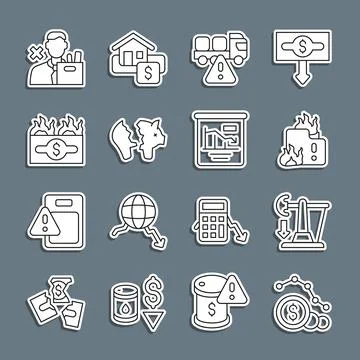 Set line Dollar rate decrease, Drop in crude oil price, Fire burning house, S Stock Illustration