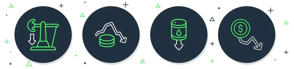 Set line Dollar rate decrease, Drop in crude oil price,  and  icon. Vector イラスト素材