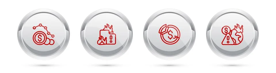 Set line Dollar rate decrease, Fire in burning house, and Global economic crisis Stock Illustration