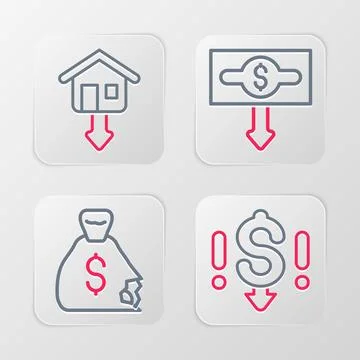Set line Dollar rate decrease, Money bag, and Falling property prices icon Stock Illustration