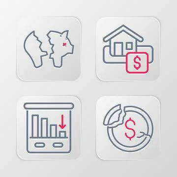 Set line Dollar rate decrease, Pie chart infographic, Hanging sign with Sale and Stock Illustration