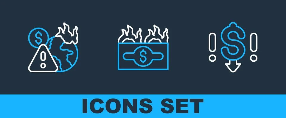 Set line Dollar rate decrease, Global economic crisis and Burning dollar bill Illustrazione stock