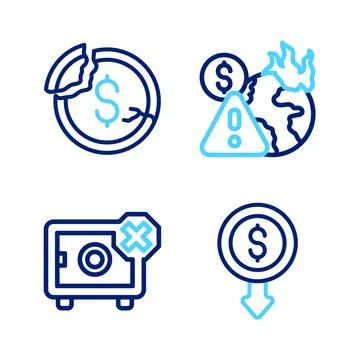 Set line Dollar rate decrease, Safe, Global economic crisis and icon. Vector Stock Illustration