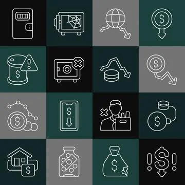 Set line Dollar rate decrease, Debt ball chained to coin, Global economic crisis Illustrazione stock