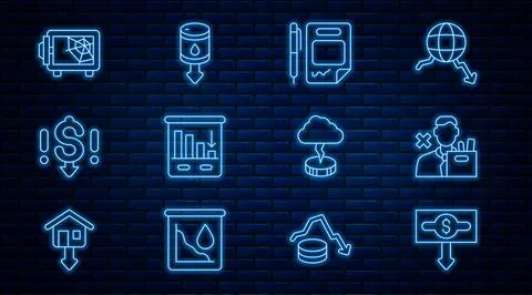 Set line Dollar rate decrease, Employee dismissal, Contract money and pen, Pie 库存插图