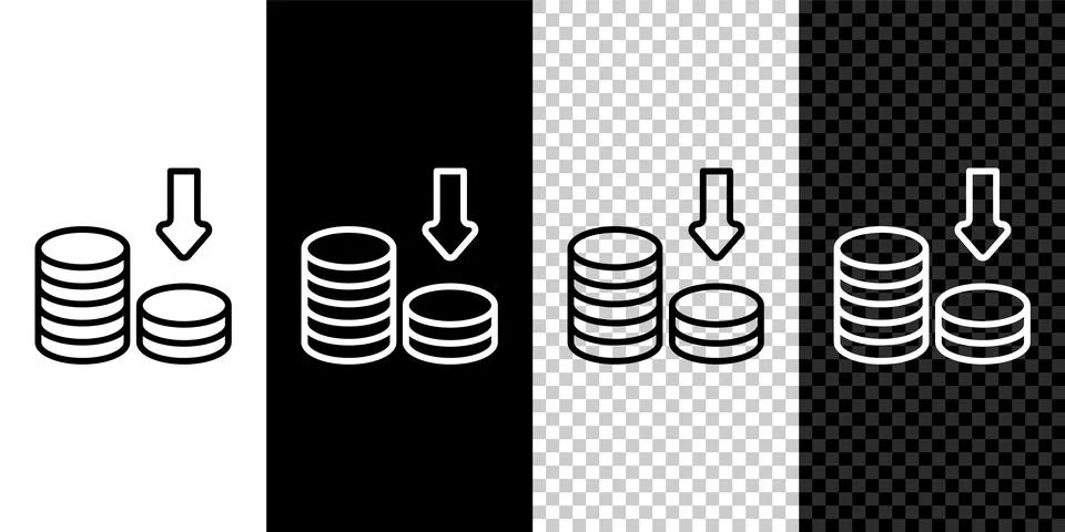 Set line Dollar rate decrease icon isolated on black and white, transparent Illustrazione stock