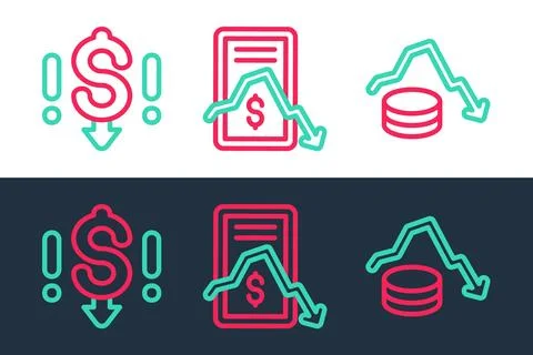 Set line Dollar rate decrease, and Mobile stock trading icon. Vector 库存插图