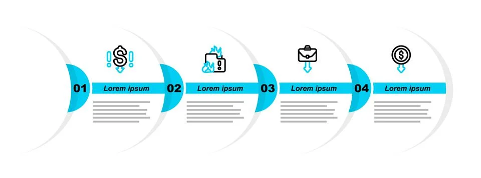 Set line Dollar rate decrease, Briefcase, Fire in burning house and icon. Vector Stock Illustration