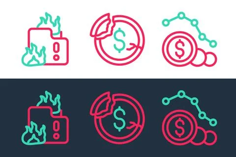 Set line Dollar rate decrease, Fire in burning house and icon. Vector Stock Illustration