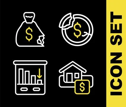 Set line Dollar rate decrease, Hanging sign with Sale, Pie chart infographic and Stock Illustration