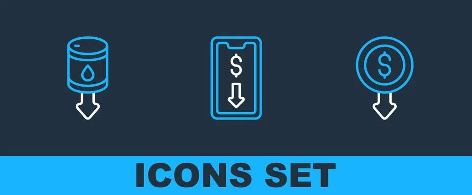 Set line Dollar rate decrease, Drop in crude oil price and Mobile stock trading Stock Illustration