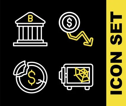 Set line Dollar rate decrease, Safe, and Bank building icon. Vector Stock Illustration