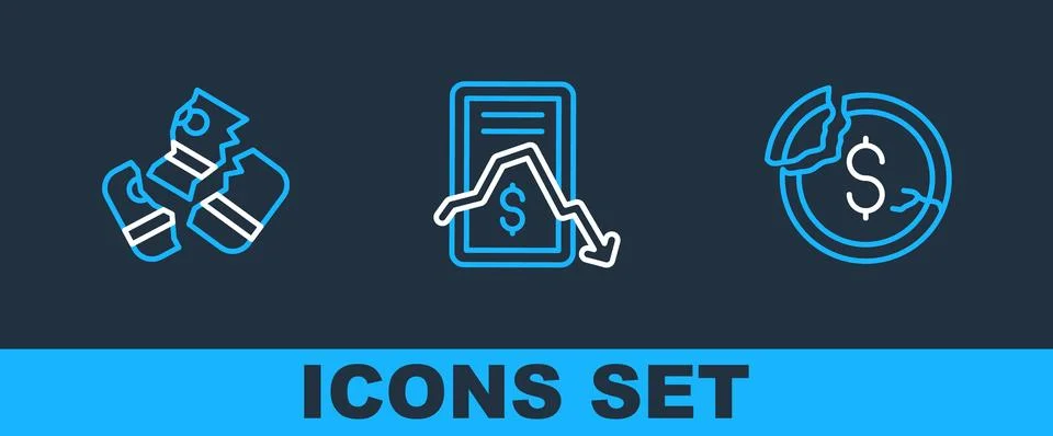 Set line Dollar rate decrease, Credit card and Mobile stock trading icon. Vector Stock Illustration