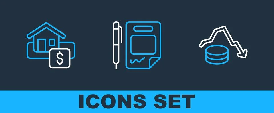 Set line Dollar rate decrease Hanging sign with Sale and Contract money and p Stock Illustration