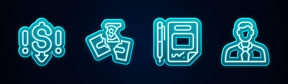 Set line Dollar rate decrease, Tearing money banknote, Contract and pen and.. Stock Illustration