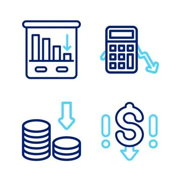 Set line Dollar rate decrease, Calculation of expenses and Pie chart infogr.. Stock Illustration