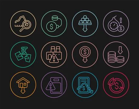 Set line Dollar rate decrease, Gold bars, Shutdown of factory, Tearing mone.. Stock Illustration