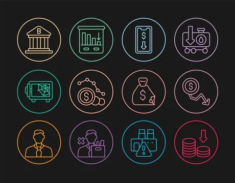 Set line Dollar rate decrease, Mobile stock trading, Safe, Bank building, M.. Stock Illustration