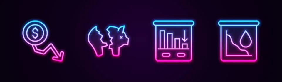 Set line Dollar rate decrease, Broken piggy bank, Pie chart infographic and.. Illustrazione stock